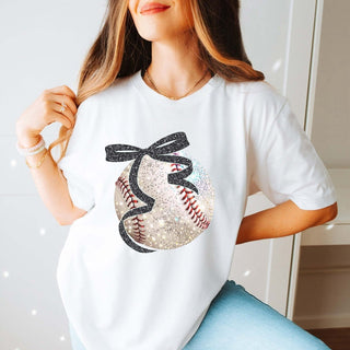 Glitter Baseball With Bow Wholesale Bella Graphic Tee - Ships Fast - Limeberry Wholesale