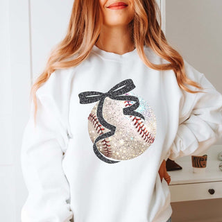 Glitter Baseball With Bow Wholesale Graphic Sweatshirt - Ships Fast - Limeberry Wholesale